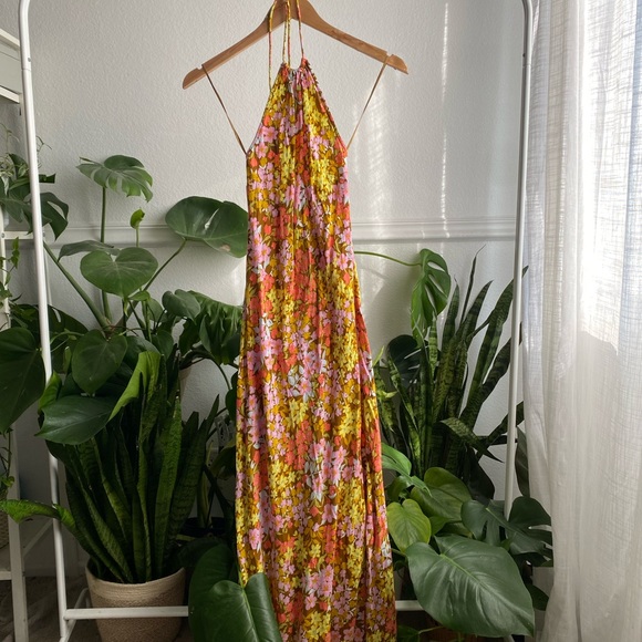 Billabong Retro Romance Halter Maxi Dress Small Moss Pink Mod 70s Floral - Picture 2 of 7